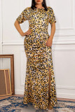 Yellow Plus Size Fashion Casual Print Leopard Slit Fold O Neck Short Sleeve Dress