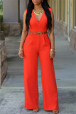 Red Fashion Casual Solid Patchwork With Belt V Neck Regular Jumpsuits
