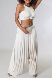 Cream White Fashion Casual Solid Fold Vests O Neck Sleeveless Two Pieces