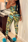 Yellow Fashion Sexy Print Backless Spaghetti Strap Skinny Jumpsuits