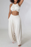 Cream White Fashion Casual Solid Fold Vests O Neck Sleeveless Two Pieces