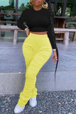 Pink Fashion Casual Solid Fold Regular High Waist Trousers