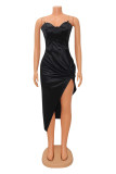 Black Fashion Sexy Solid Patchwork Slit Spaghetti Strap Sleeveless Dress Dresses