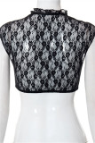 Black Fashion Sexy Patchwork See-through O Neck T-Shirts