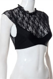 Black Fashion Sexy Patchwork See-through O Neck T-Shirts