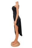 Black Fashion Sexy Solid Patchwork Slit Spaghetti Strap Sleeveless Dress Dresses