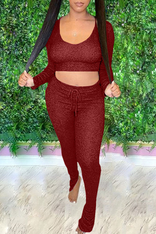 Burgundy Fashion Casual Solid Basic O Neck Long Sleeve Two Pieces