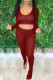 Burgundy Fashion Casual Solid Basic O Neck Long Sleeve Two Pieces