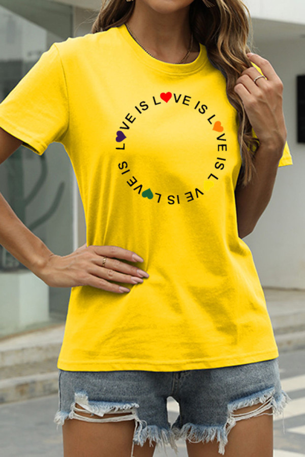 Yellow Fashion Casual Print Basic O Neck T-Shirts