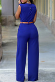 Lake Blue Fashion Casual Solid Patchwork With Belt V Neck Regular Jumpsuits
