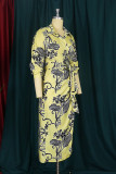 Green Fashion Casual Print Bandage Turndown Collar One Step Skirt Dresses