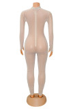 Apricot Fashion Sexy Patchwork Hot Drilling Hollowed Out See-through O Neck Skinny Jumpsuits