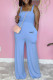 Sky Blue Fashion Casual Print Letter Spaghetti Strap Jumpsuits