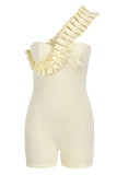 Cream White Sexy Solid Patchwork Asymmetrical Stringy Selvedge Strapless Regular Rompers