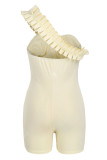 Cream White Sexy Solid Patchwork Asymmetrical Stringy Selvedge Strapless Regular Rompers