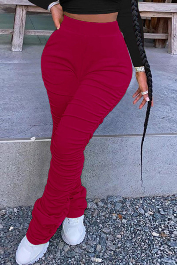 Burgundy Fashion Casual Solid Fold Regular High Waist Trousers