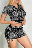 Coffee Fashion Casual Sportswear Letter Print Leopard Patchwork Hooded Collar Short Sleeve Two Pieces