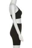 Black Sexy Casual Solid Hollowed Out Backless One Shoulder Sleeveless Two Pieces