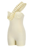 Cream White Sexy Solid Patchwork Asymmetrical Stringy Selvedge Strapless Regular Rompers