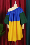 Yellow Fashion Casual Solid Patchwork Oblique Collar Dress
