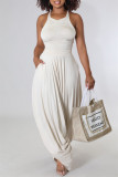 Cream White Fashion Casual Solid Fold Vests O Neck Sleeveless Two Pieces