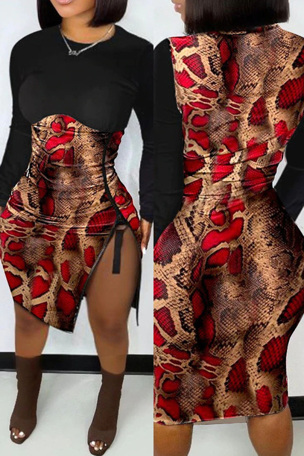 Red Fashion Casual Print Patchwork Slit Zipper O Neck Long Sleeve Dresses