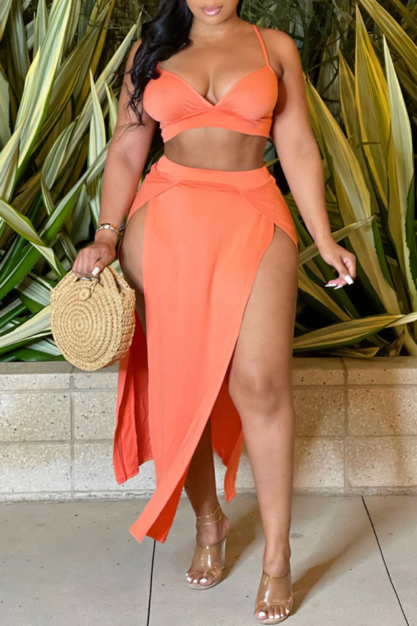 Orange Fashion Sexy Solid Backless Slit Spaghetti Strap Sleeveless Two Pieces