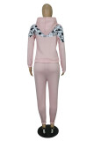 Pink Fashion Casual Print Patchwork Hooded Collar Long Sleeve Two Pieces