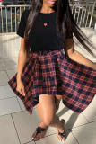 Black Fashion Casual Print Patchwork O Neck Short Sleeve Two Pieces