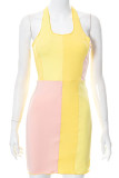 Yellow Fashion Sexy Solid Patchwork Backless Halter Sleeveless Dress