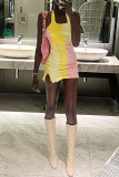 Yellow Fashion Sexy Solid Patchwork Backless Halter Sleeveless Dress