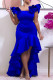Blue Fashion Casual Solid Patchwork Square Collar Evening Dress