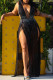 Black Fashion Sexy Patchwork Hot Drilling See-through Backless V Neck Sleeveless Dress