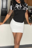 Black Fashion Print Patchwork O Neck T-Shirts