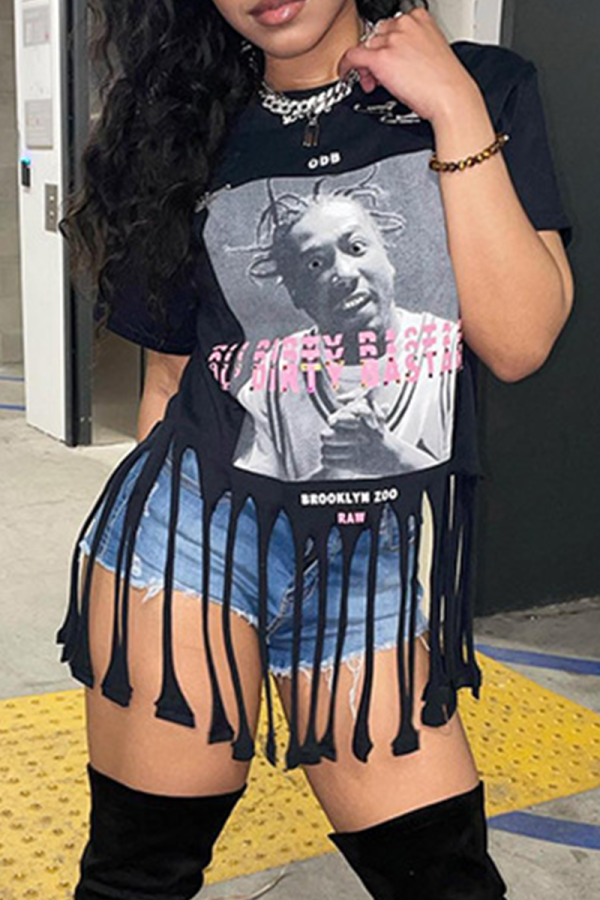 Black Fashion Print Tassel O Neck T-Shirts