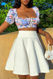 White Fashion Sexy Print Patchwork Square Collar Short Sleeve Two Pieces