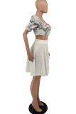 White Fashion Sexy Print Patchwork Square Collar Short Sleeve Two Pieces