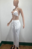 White Sexy Solid Patchwork Halter Sleeveless Two Pieces