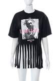 Black Fashion Print Tassel O Neck T-Shirts