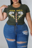 Army Green Fashion Casual Print Bandage Hollowed Out O Neck Plus Size Tops