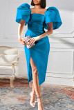 Blue Fashion Sexy Solid Slit Square Collar Evening Dress