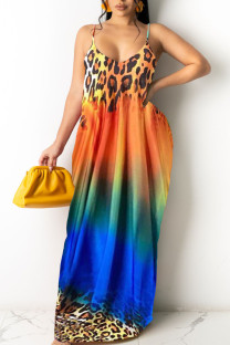 Leopard Print Casual Print Split Joint Spaghetti Strap Sling Dress Dresses