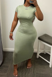 Green Fashion Sexy Solid Bandage Backless O Neck Short Sleeve Dress