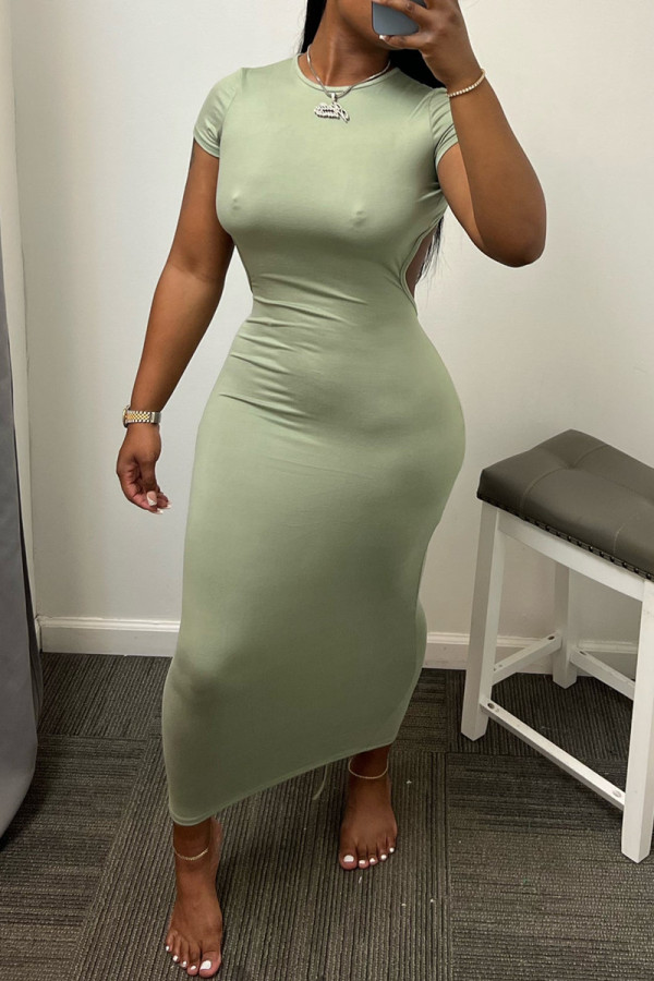 Green Fashion Sexy Solid Bandage Backless O Neck Short Sleeve Dress