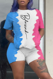 Powder Blue Fashion Print Patchwork O Neck Short Sleeve Two Pieces
