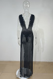 Black Fashion Sexy Patchwork Hot Drilling See-through Backless V Neck Sleeveless Dress