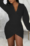 White Casual Solid Patchwork Asymmetrical V Neck Shirt Dress Dresses(Without Belt)