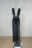 Black Fashion Sexy Patchwork Hot Drilling See-through Backless V Neck Sleeveless Dress