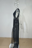 Black Fashion Sexy Patchwork Hot Drilling See-through Backless V Neck Sleeveless Dress