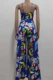 Green Casual Print Patchwork Spaghetti Strap Straight Jumpsuits
